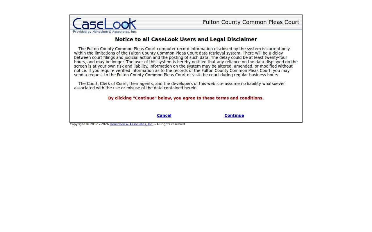 Fulton County case search Common Pleas CaseLook confirmation screen