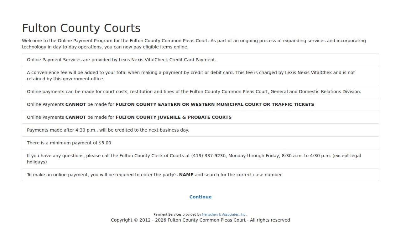 Fulton County court calendar research showing Common Pleas payment program notice