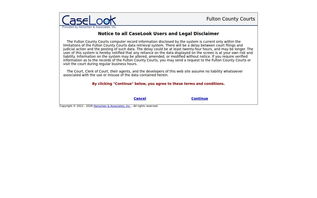 Fulton County court docket CaseLook agreement screen